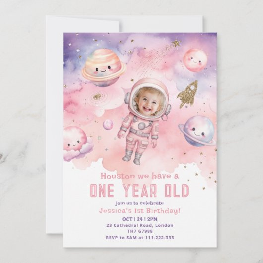 Houston we hebben een één jaar oude roze meisjesfo kaart (Voorkant)