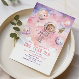 Houston we hebben een één jaar oude roze meisjesfo kaart