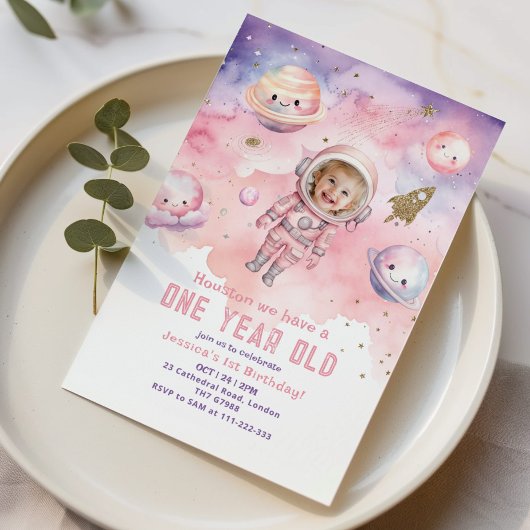 Houston we hebben een één jaar oude roze meisjesfo kaart