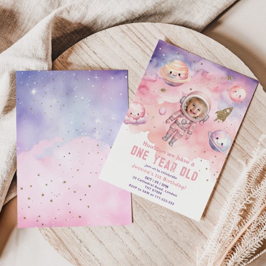 Houston we hebben een één jaar oude roze meisjesfo kaart