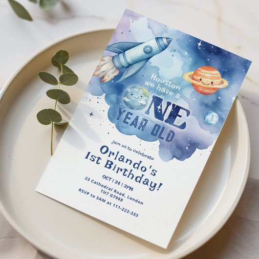Houston we hebben een eenjarige jongen 1e verjaard kaart
