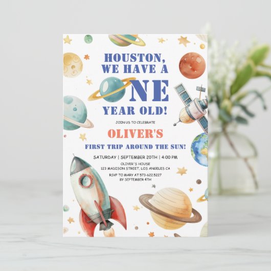 Houston We hebben een jaar oud! Ruimte 1e verjaard Kaart (Staand voorkant)