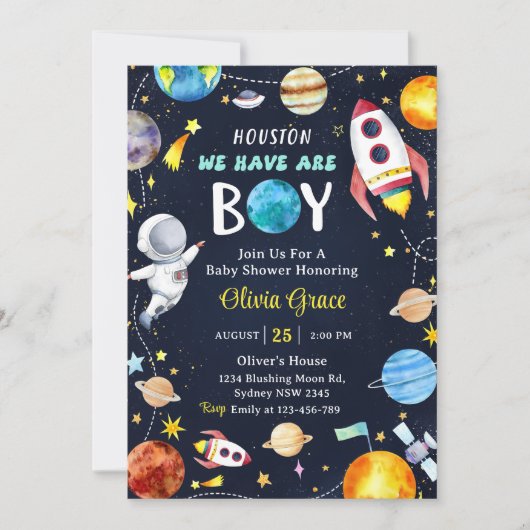 Houston We hebben een jongen buiten de ruimte Baby Kaart (Voorkant)