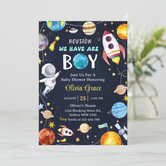 Houston We hebben een jongen buiten de ruimte Baby Kaart (Staand voorkant)