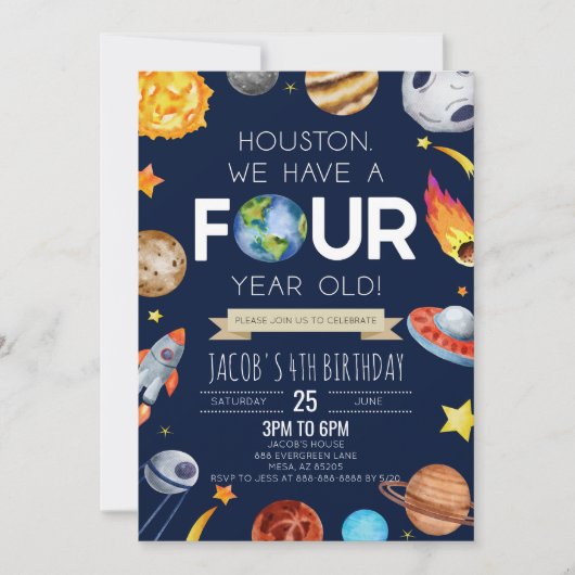 Houston We hebben een vier jaar oud 4e verjaardags Kaart (Voorkant)