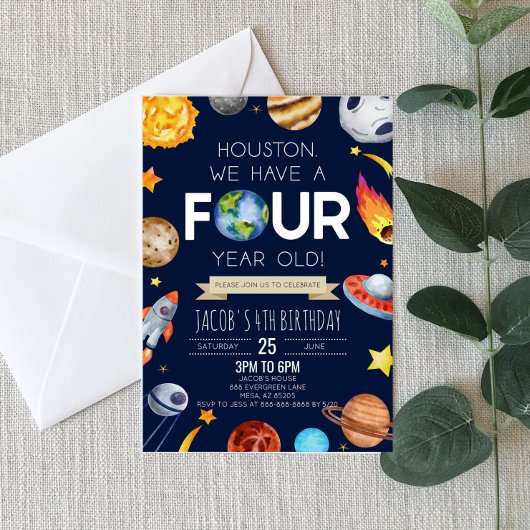 Houston We hebben een vier jaar oud 4e verjaardags Kaart