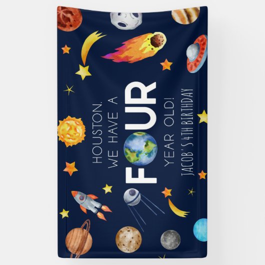 Houston We hebben een vier jaar oud 4e verjaardags Spandoek (Verticaal)