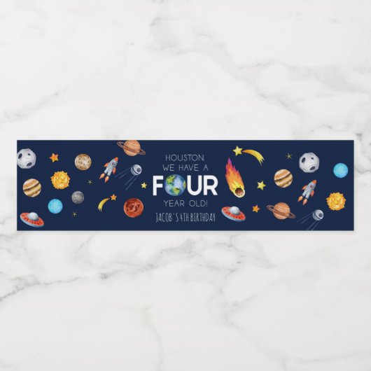 Houston We hebben een vier jaar oud 4e verjaardags Waterfles Etiket (Enkel label)