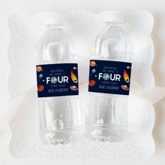 Houston We hebben een vier jaar oud 4e verjaardags Waterfles Etiket