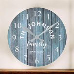 Hout Aangepaste familienaam Rustic Beach House Ronde Klok<br><div class="desc">De Blue wooden boerderij house muurklok is perfect voor de keuken of de woonkamer van je land. Pas je aan met je familienaam en het jaar waarin je bent ingesteld voor een unieke en persoonlijke verjaardag of kerstcadeau.</div>