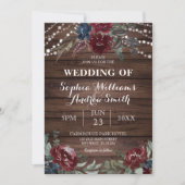 Hout Achtergrond Marsala Navy Flower Rustic Weddin Kaart (Voorkant)