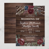 Hout Achtergrond Marsala Navy Flower Rustic Weddin Kaart (Voorkant / Achterkant)
