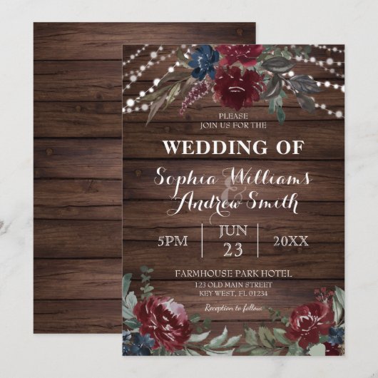 Hout Achtergrond Marsala Navy Flower Rustic Weddin Kaart (Voorkant / Achterkant)