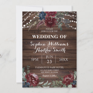 Hout Achtergrond Marsala Navy Flower Rustic Weddin Kaart
