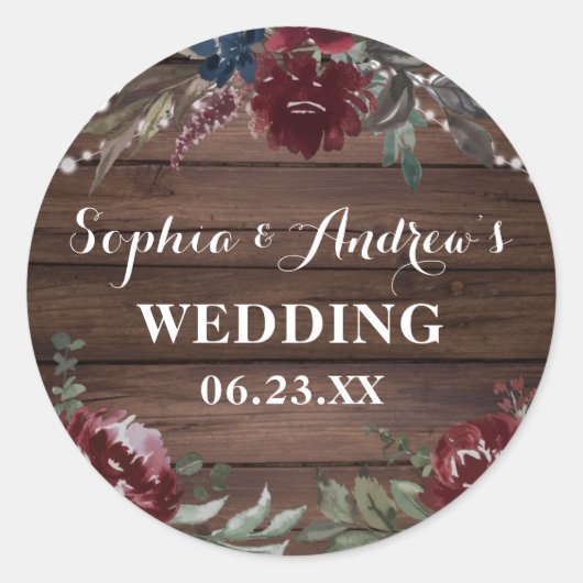 Hout Achtergrond Marsala Navy Flower Rustic Weddin Ronde Sticker (Voorkant)