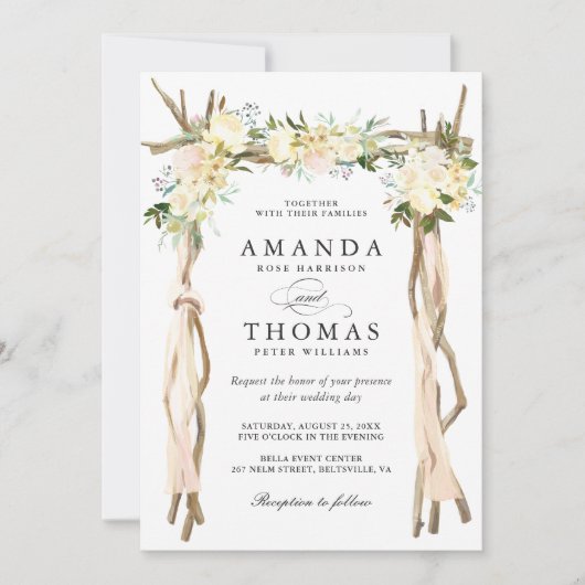 Hout Arbor Arch Ivoor Wit Rustiek Bloemen Huwelijk Kaart (Voorkant)