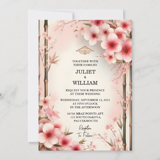 Hout Bamboe Roze Sakura Kersenbloesem Bruiloft Kaart (Voorkant)