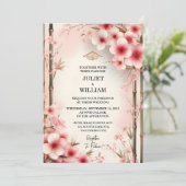 Hout Bamboe Roze Sakura Kersenbloesem Bruiloft Kaart (Staand voorkant)