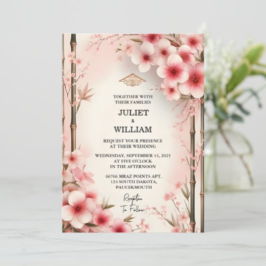 Hout Bamboe Roze Sakura Kersenbloesem Bruiloft Kaart (Staand voorkant)
