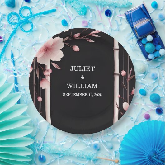 Hout Bamboe Roze Sakura Kersenbloesem Bruiloft Papieren Bordje (Feest)