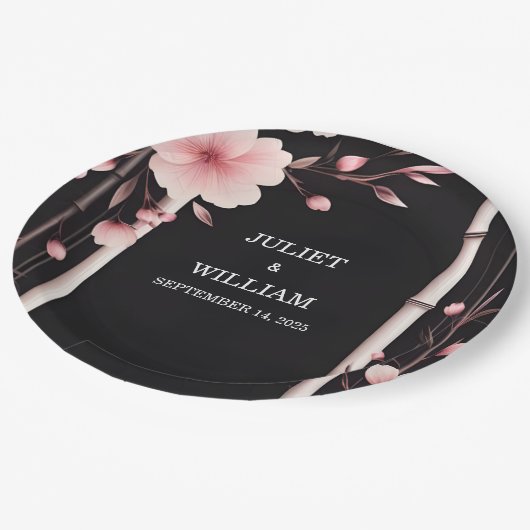Hout Bamboe Roze Sakura Kersenbloesem Bruiloft Papieren Bordje (Gekanteld)