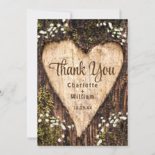 Hout Bark Baby Breath Heart Rustic Wedding Bedankkaart