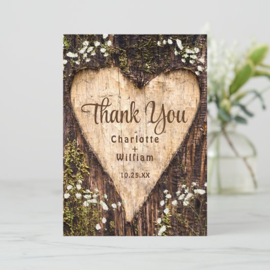 Hout Bark Baby Breath Heart Rustic Wedding Bedankkaart (Staand voorkant)