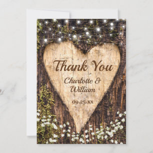 Hout Bark Baby Breath Heart Rustic Wedding Bedankkaart