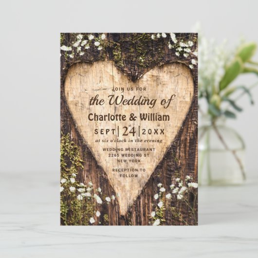 Hout Bark Baby Breath Heart Rustic Wedding Kaart (Staand voorkant)