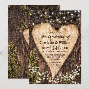 Hout Bark Baby Breath Heart Rustic Wedding Kaart