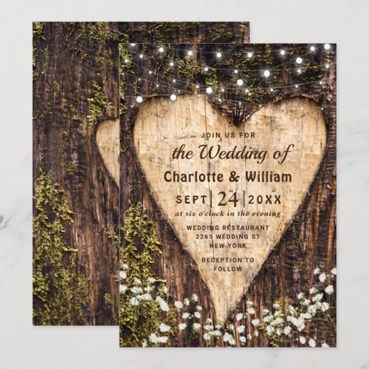 Hout Bark Baby Breath Heart Rustic Wedding Kaart (Voorkant / Achterkant)