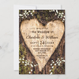 Hout Bark Baby Breath Heart Rustic Wedding Kaart