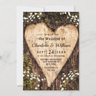Hout Bark Baby Breath Heart Rustic Wedding Kaart