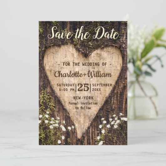 Hout Bark Baby Breath Heart Rustic Wedding Save The Date (Staand voorkant)