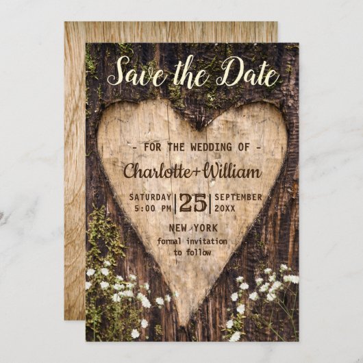 Hout Bark Baby Breath Heart Rustic Wedding Save The Date (Voorkant / Achterkant)