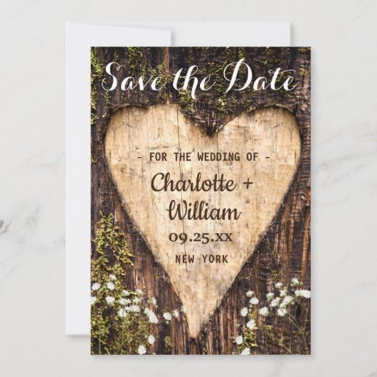 Hout Bark Baby Breath Heart Rustic Wedding Save The Date (Voorkant)