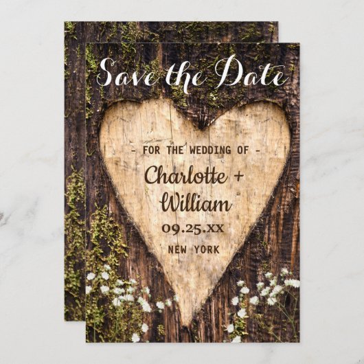 Hout Bark Baby Breath Heart Rustic Wedding Save The Date (Voorkant / Achterkant)