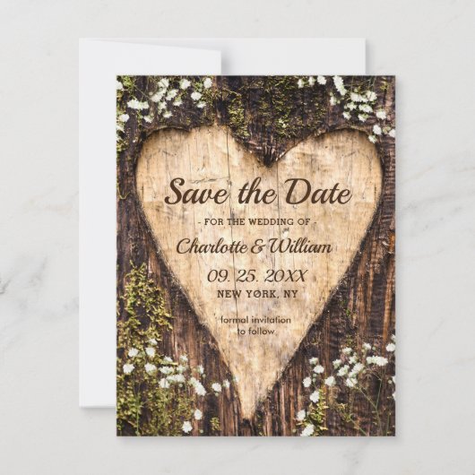 Hout Bark Baby Breath Heart Rustic Wedding Save The Date (Voorkant)
