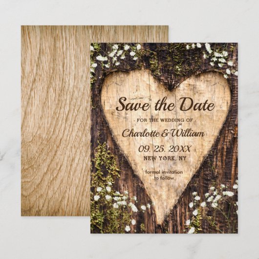 Hout Bark Baby Breath Heart Rustic Wedding Save The Date (Voorkant / Achterkant)