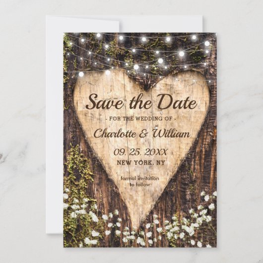 Hout Bark Baby Breath Heart Rustic Wedding Save The Date (Voorkant)