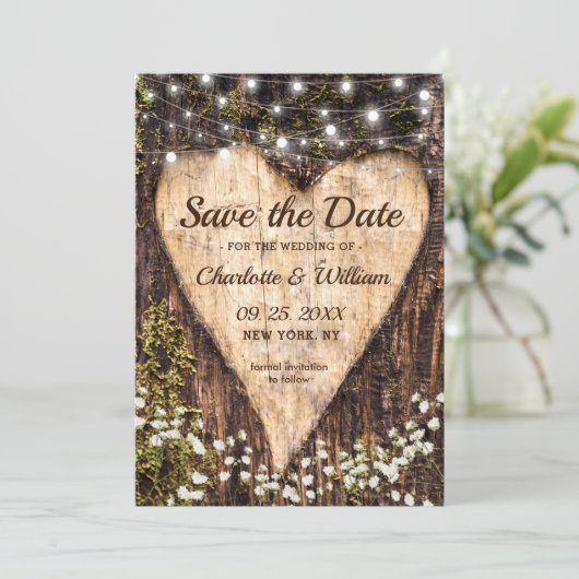Hout Bark Baby Breath Heart Rustic Wedding Save The Date (Staand voorkant)