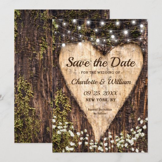 Hout Bark Baby Breath Heart Rustic Wedding Save The Date (Voorkant / Achterkant)
