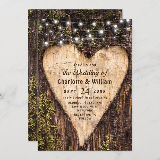 Hout Bark Heart Rustic Wedding Kaart (Voorkant / Achterkant)