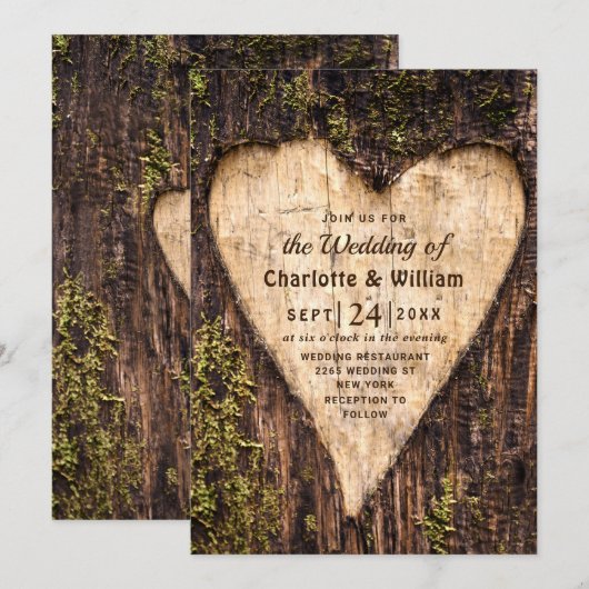 Hout Bark Heart Rustic Wedding Kaart (Voorkant / Achterkant)