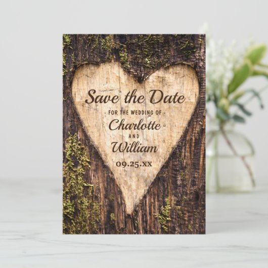 Hout Bark Heart Rustic Wedding Save The Date (Staand voorkant)
