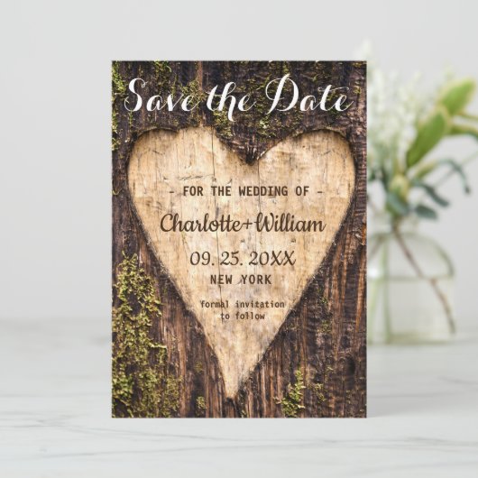 Hout Bark Heart Rustic Wedding Save The Date (Staand voorkant)