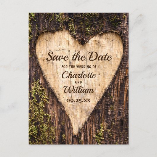 Hout Bark Heart Rustic Wedding Save the Date Briefkaart (Voorkant)