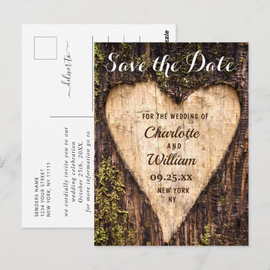 Hout Bark Heart Rustic Wedding Save the Date Briefkaart (Voorkant / Achterkant)