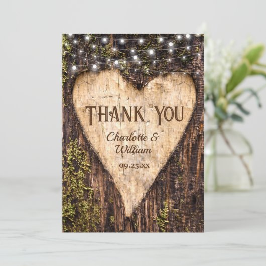 Hout Bark String Lights Heart Rustic Wedding Bedankkaart (Staand voorkant)