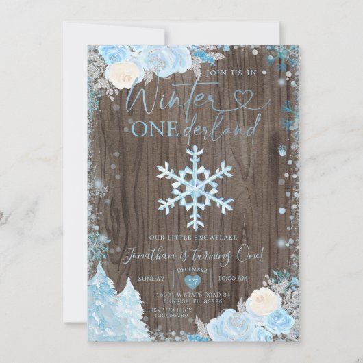 Hout Blue Winter Onederland Snowflake Birthday Kaart (Voorkant)
